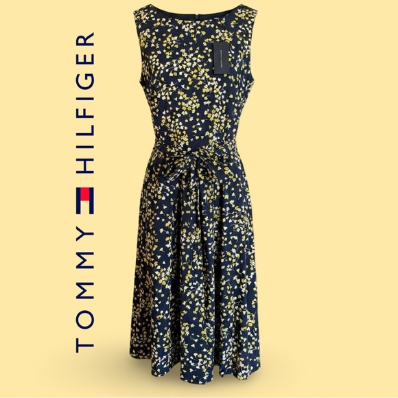 Tommy Hilfiger Dresses & Skirts - Tommy Hilfiger Navy Floral Tie-Waist Midi Dress with Yellow Accents